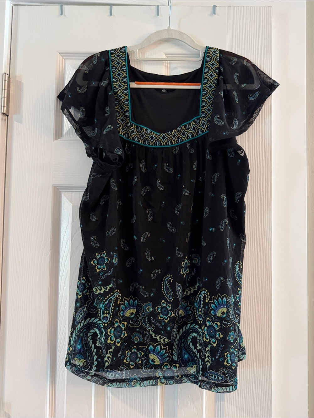 Apt. 9 Black Paisley-Print Flutter Sleeve Blouse with Teal Accents